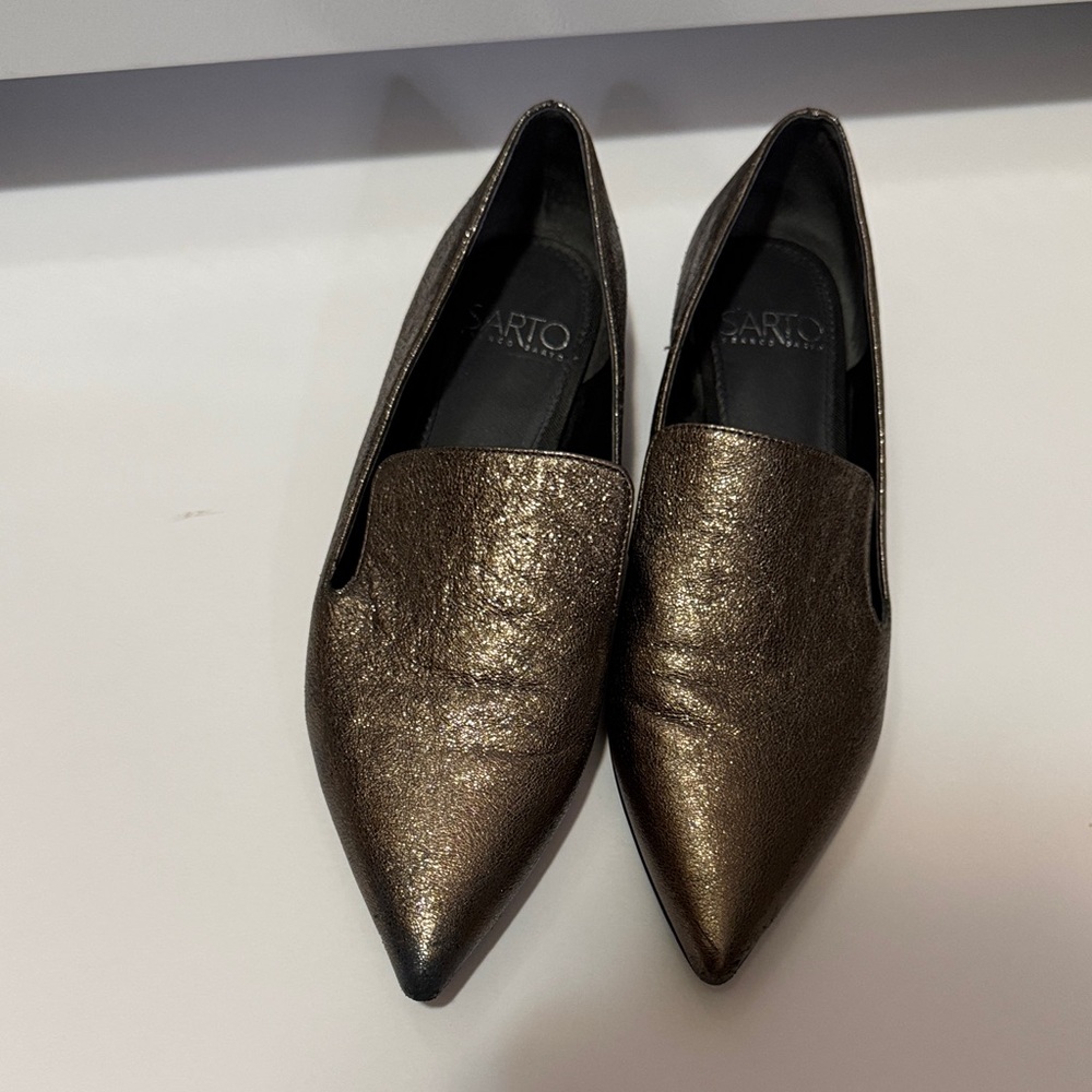 Sarto Metallic Bronze Gold Shimmer Glittery Pointed Toe Flats READ POST
